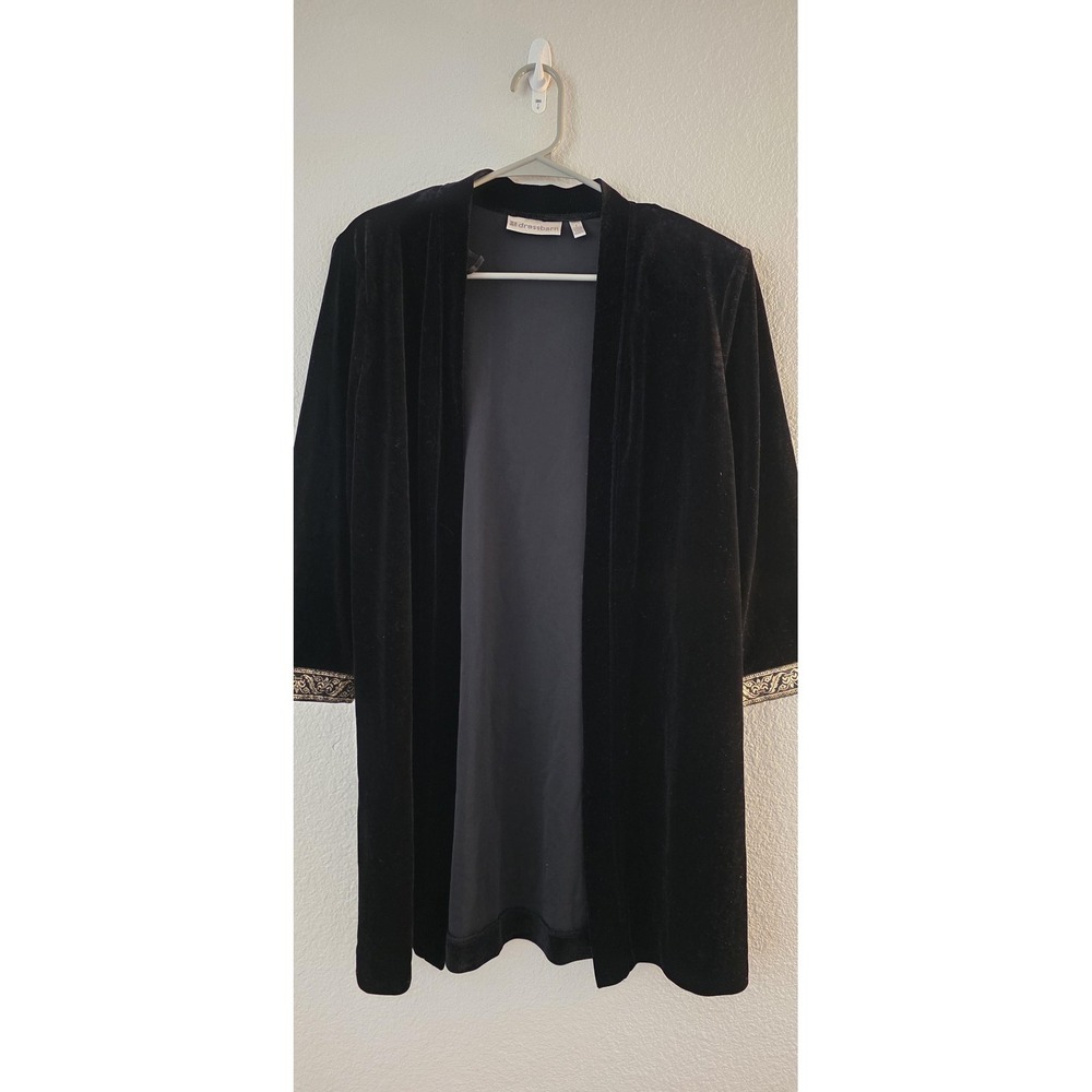 Dressbarn Jacket Womens 8‎ Black Velvet Open Front 3/4 Sleeve Embroidered